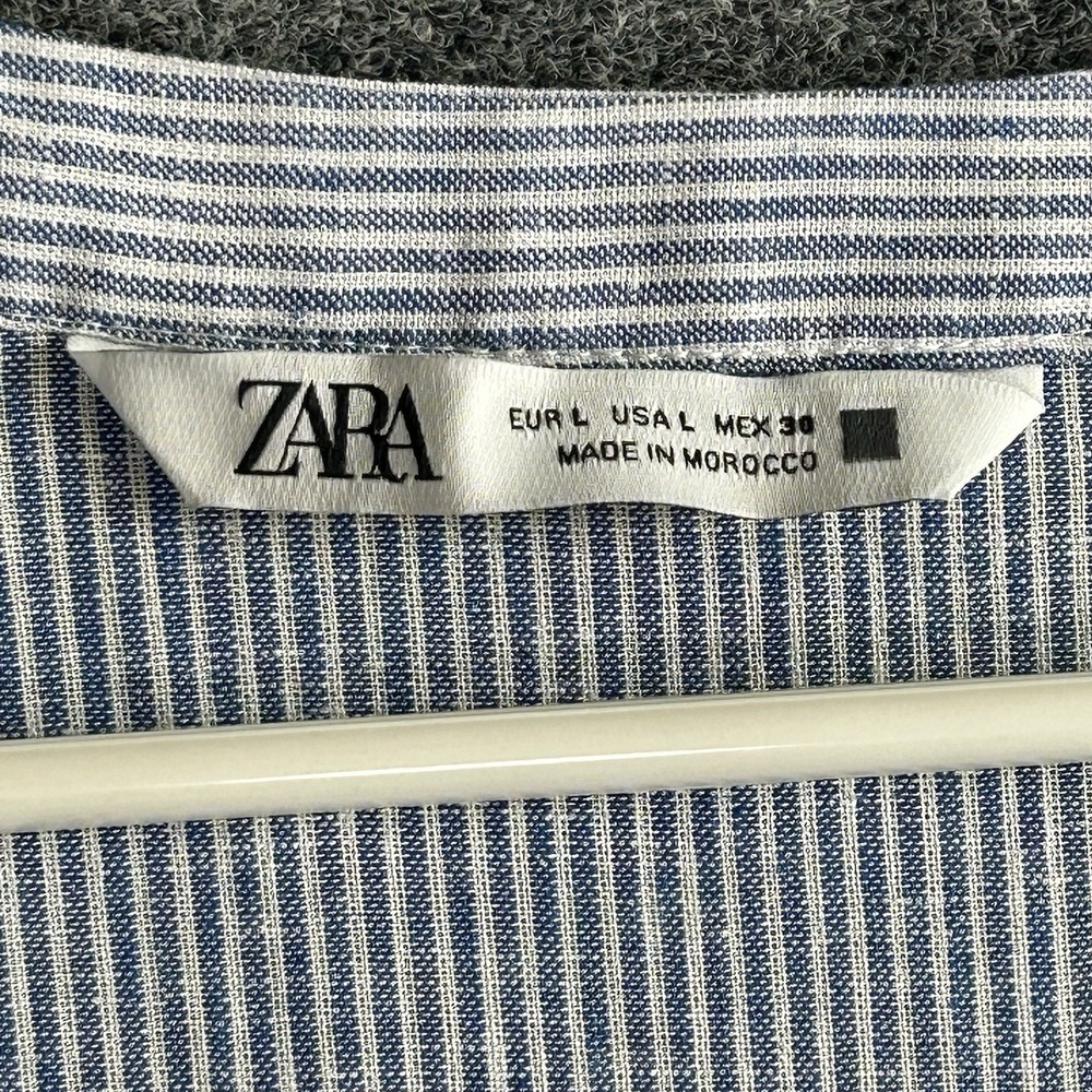 Zara Long Sleeve Linen Blend Dress - Blue White Striped V-Neck  - Womens LARGE - Picture 5 of 14